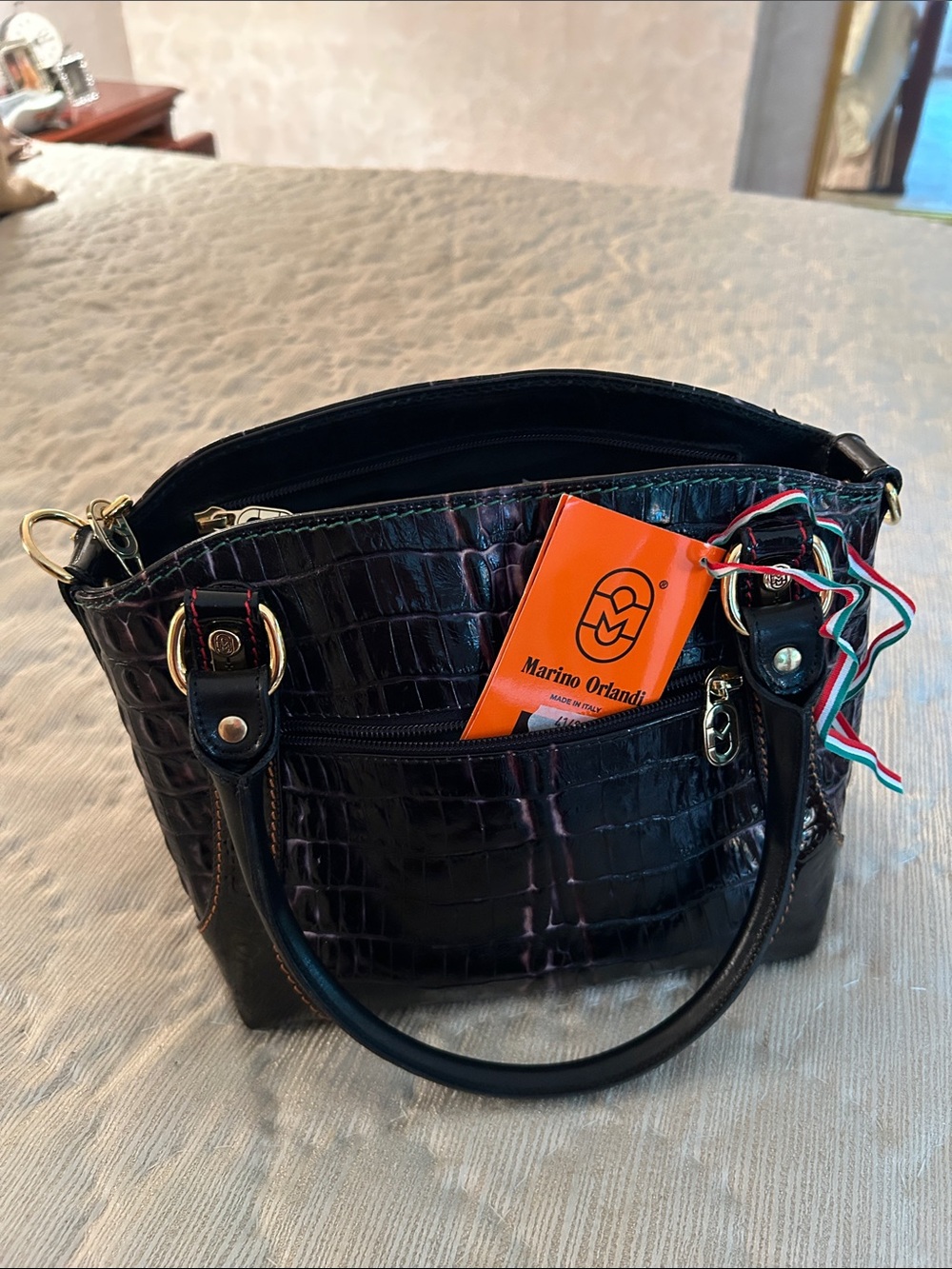 Marino Orlandi Black Croc-Embossed Shoulder Bag with Gold Hardware